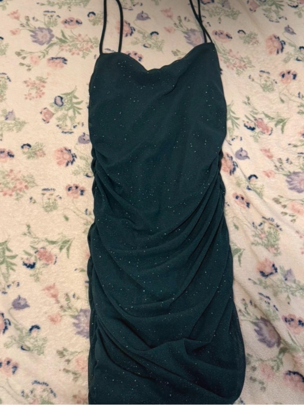 Sparkle Ruched Emerald Green Midi Dress with Spaghetti Straps